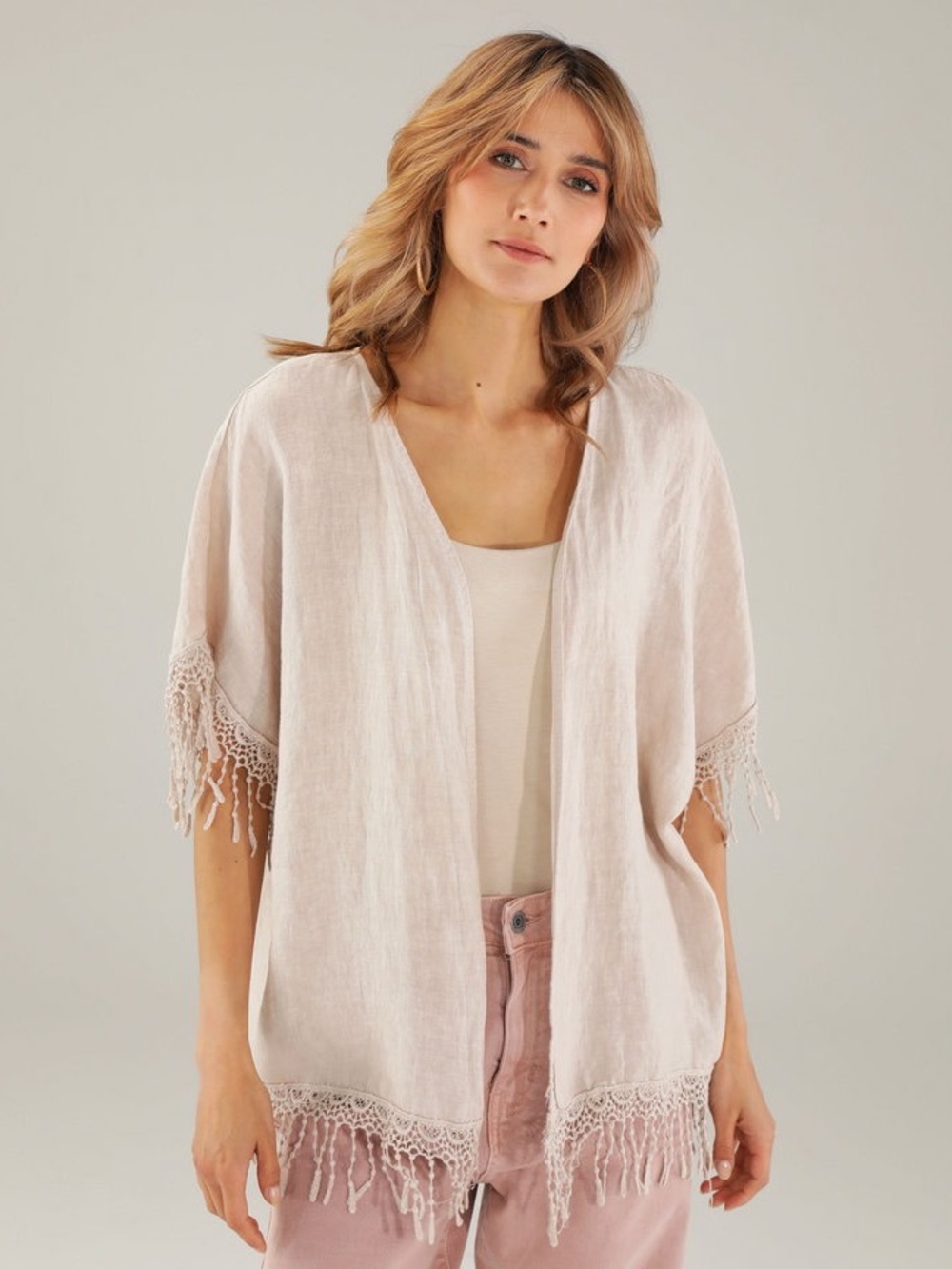 Valentina Naldi Linen Kimono Cover Up Cream Fringe Boho Italy OS M/L